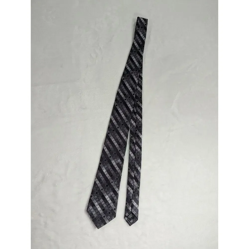 Vintage ck Calvin Klein Silk Necktie Gray Black Checkered Geometric Y2K 3.25